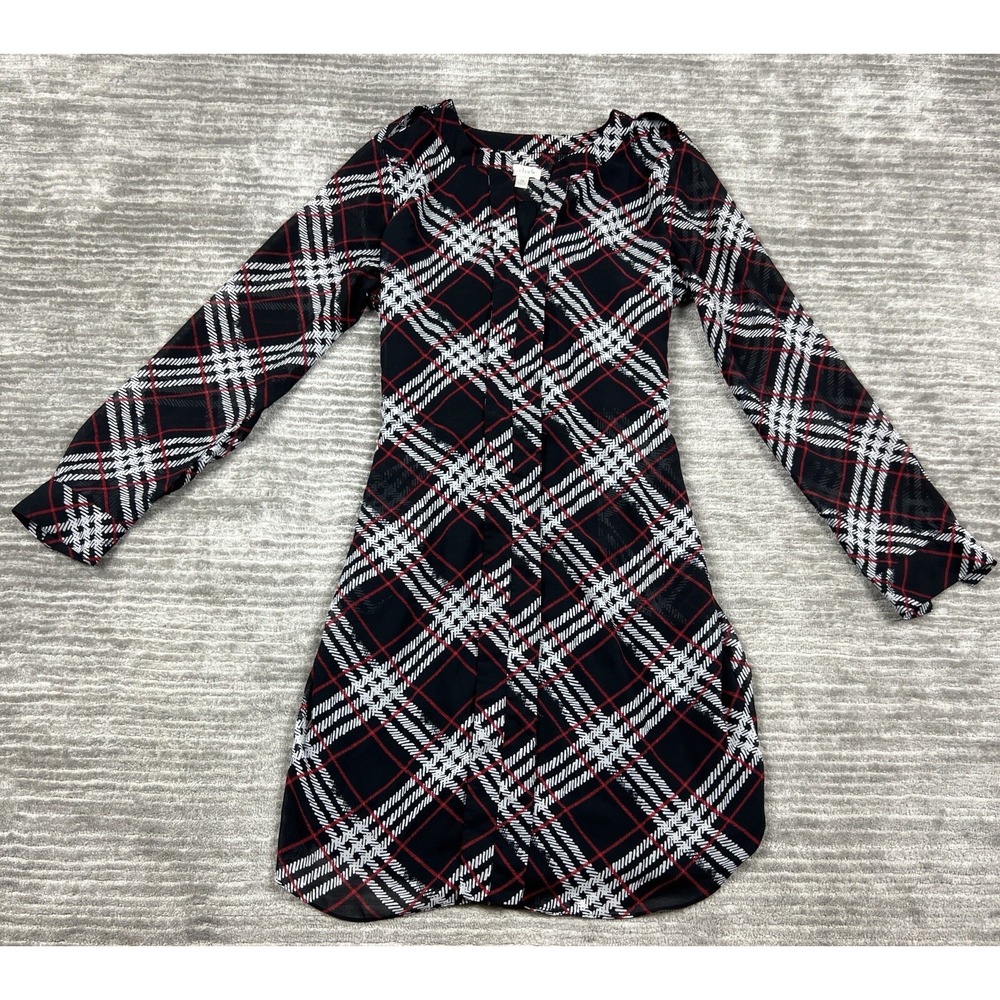 Charlie Tunic Dress Womens Medium Black Red Plaid Long Sleeve Split Neck Lined
